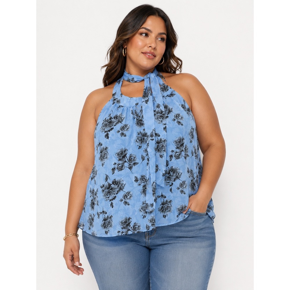 Torrid Blue Floral Clip Mock Neck Halter Top Romantic Rose Scarf Tie 5 5X 28